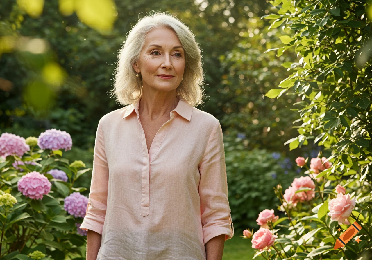A photorealistic portrait of an older woman with gray hair in a light pink shirt, standing in a vibrant garden with pink and purple flowers.