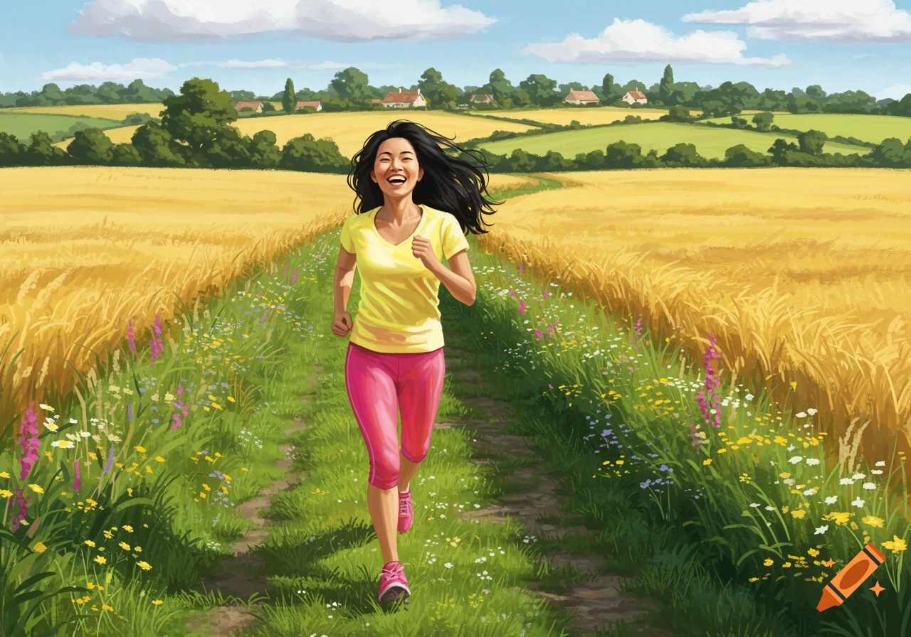 A happy woman with long black hair jogs along a dirt path through golden fields and wildflowers under a blue sky.