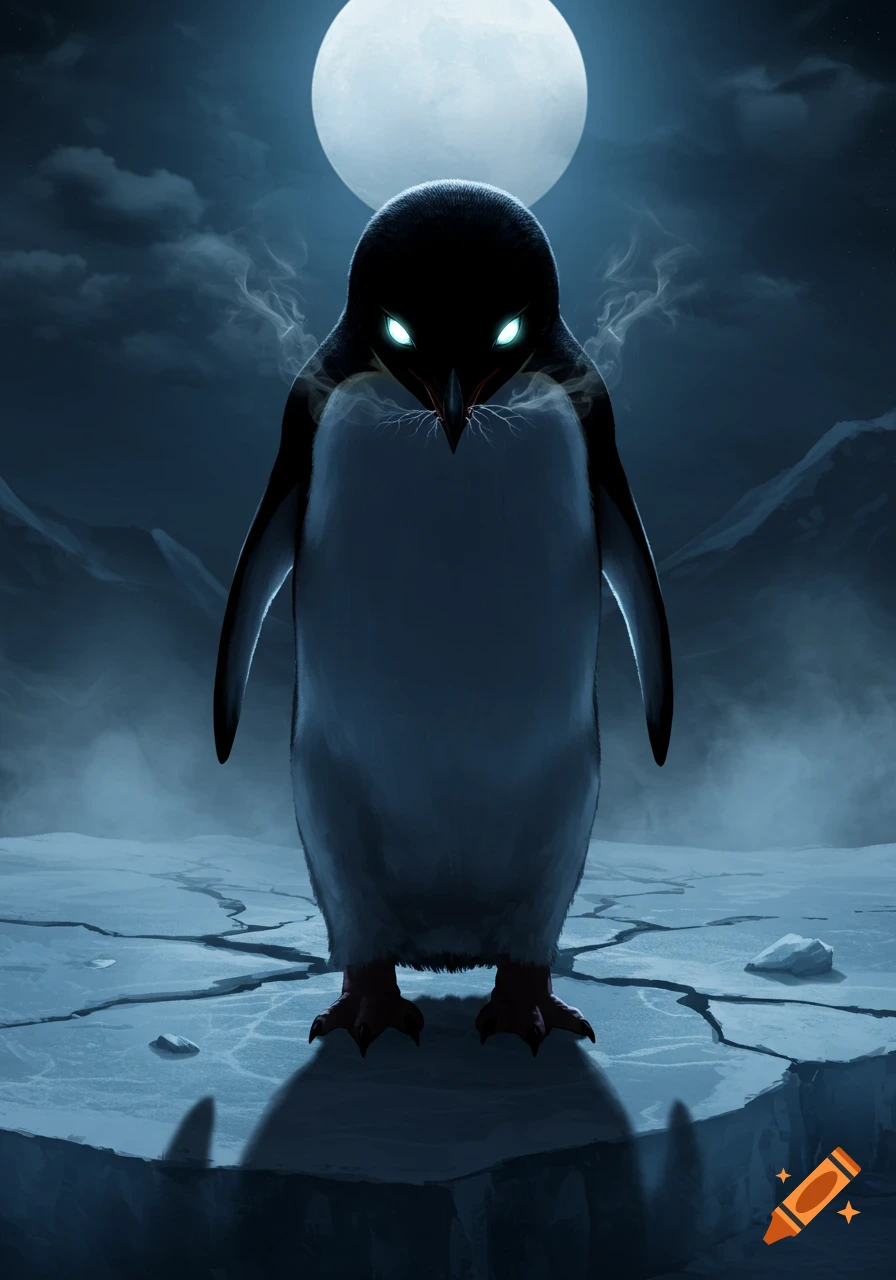 A menacing, dark penguin with glowing eyes and wisps of smoke around its head stands on cracked ice under a large full moon in a dark, icy landscape.
