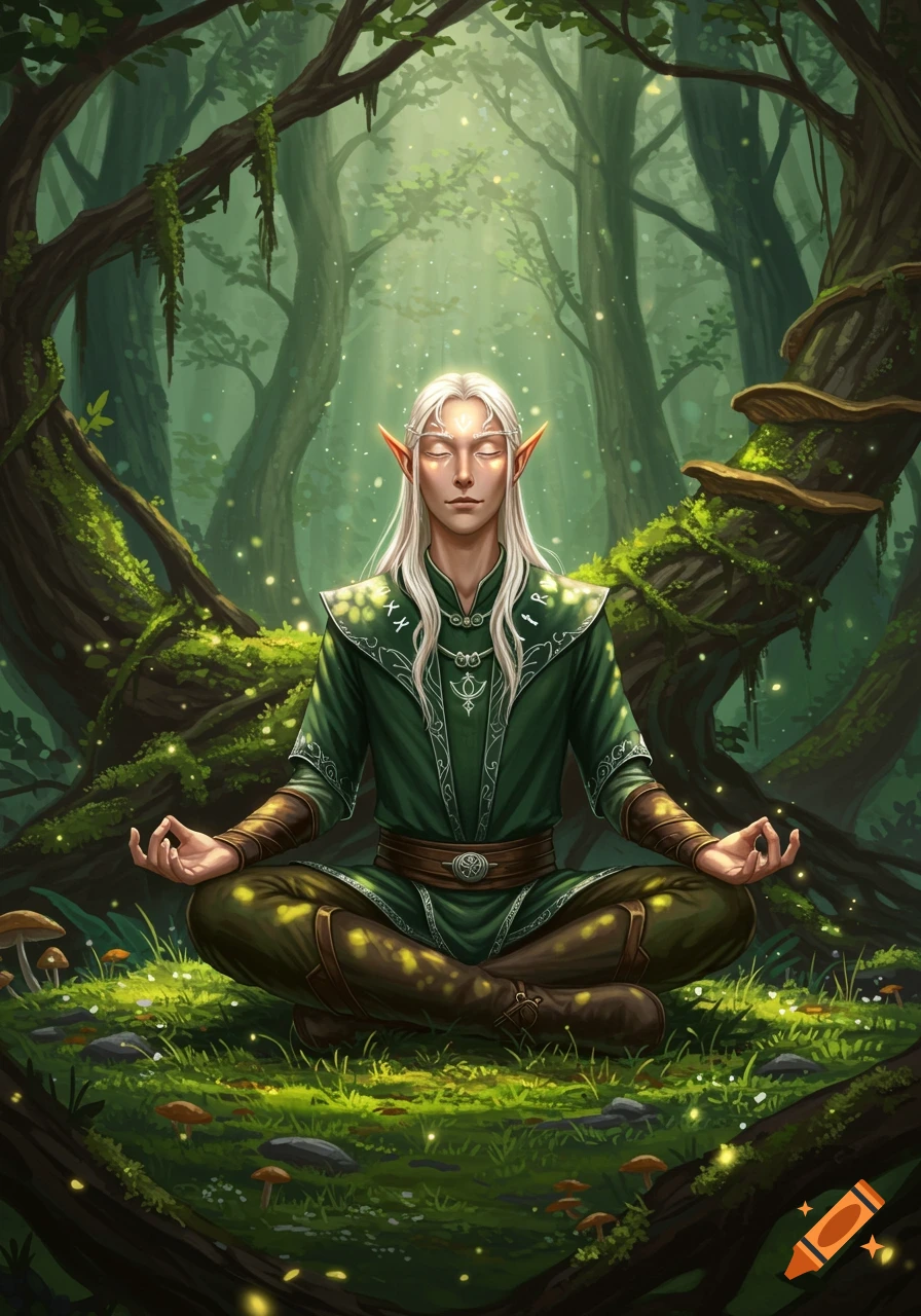 A male elf with long white hair and pointed ears meditates in a lotus position in a sun-dappled green forest, surrounded by mossy trees and glowing fireflies.