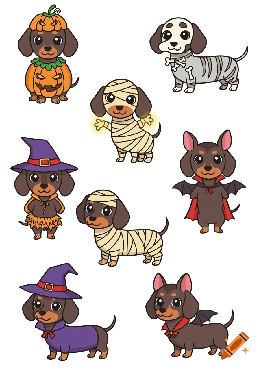 Nine cute cartoon dachshund dogs in various Halloween costumes like pumpkin, skeleton, mummy, witch, and vampire on a white background.