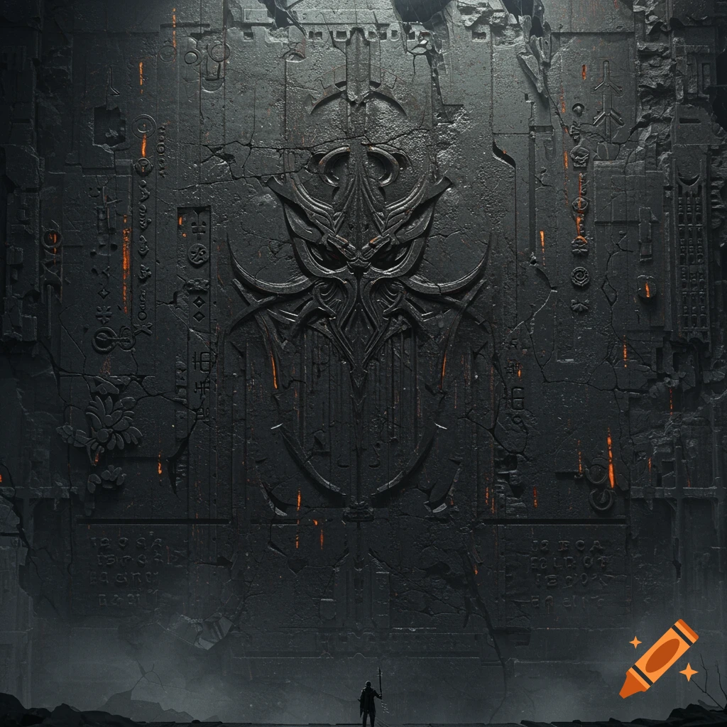 A small figure stands before a colossal, dark stone wall covered in ornate, glowing ancient symbols, evoking a fantasy style.