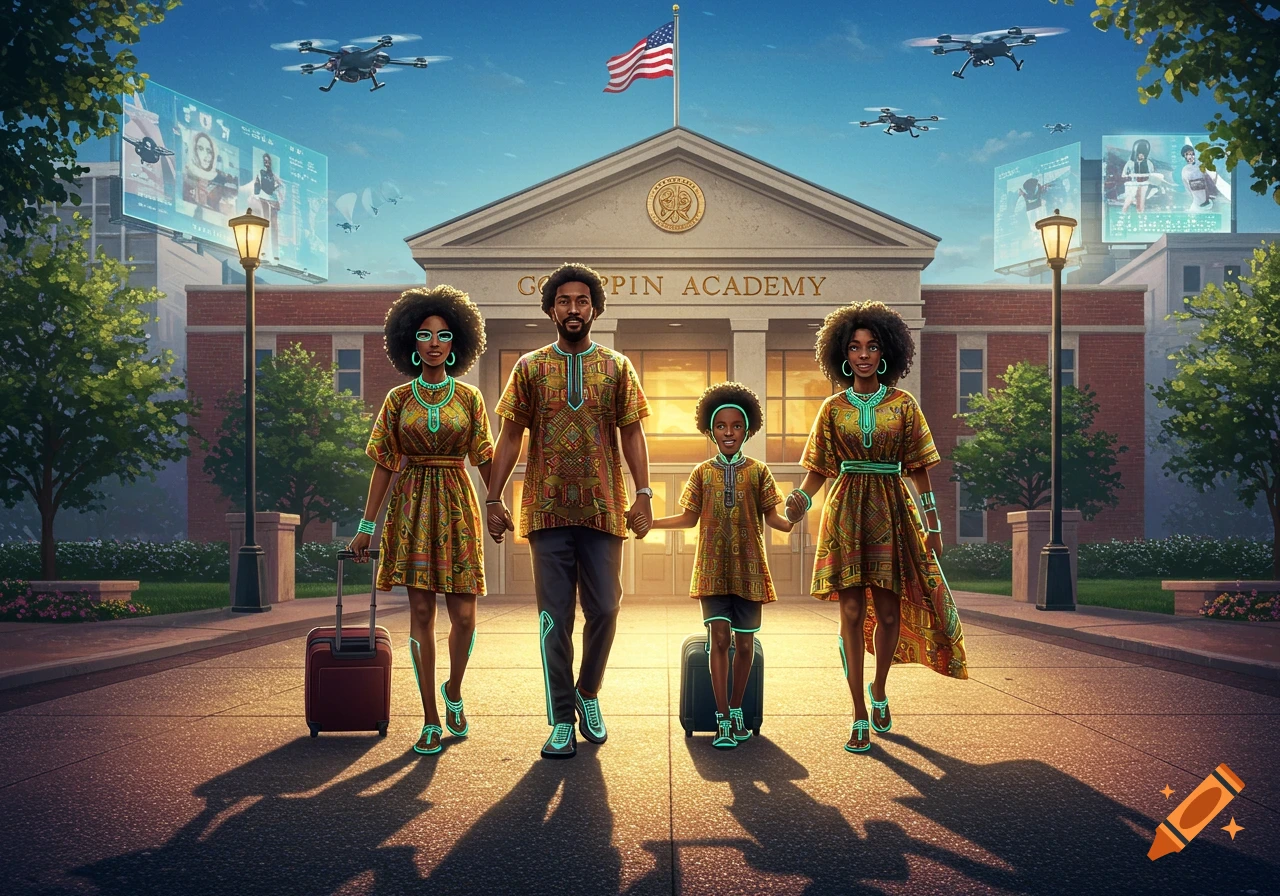 An Afrofuturistic Black family with glowing accents walks towards Coppin Academy, with drones and holographic billboards in the sky.