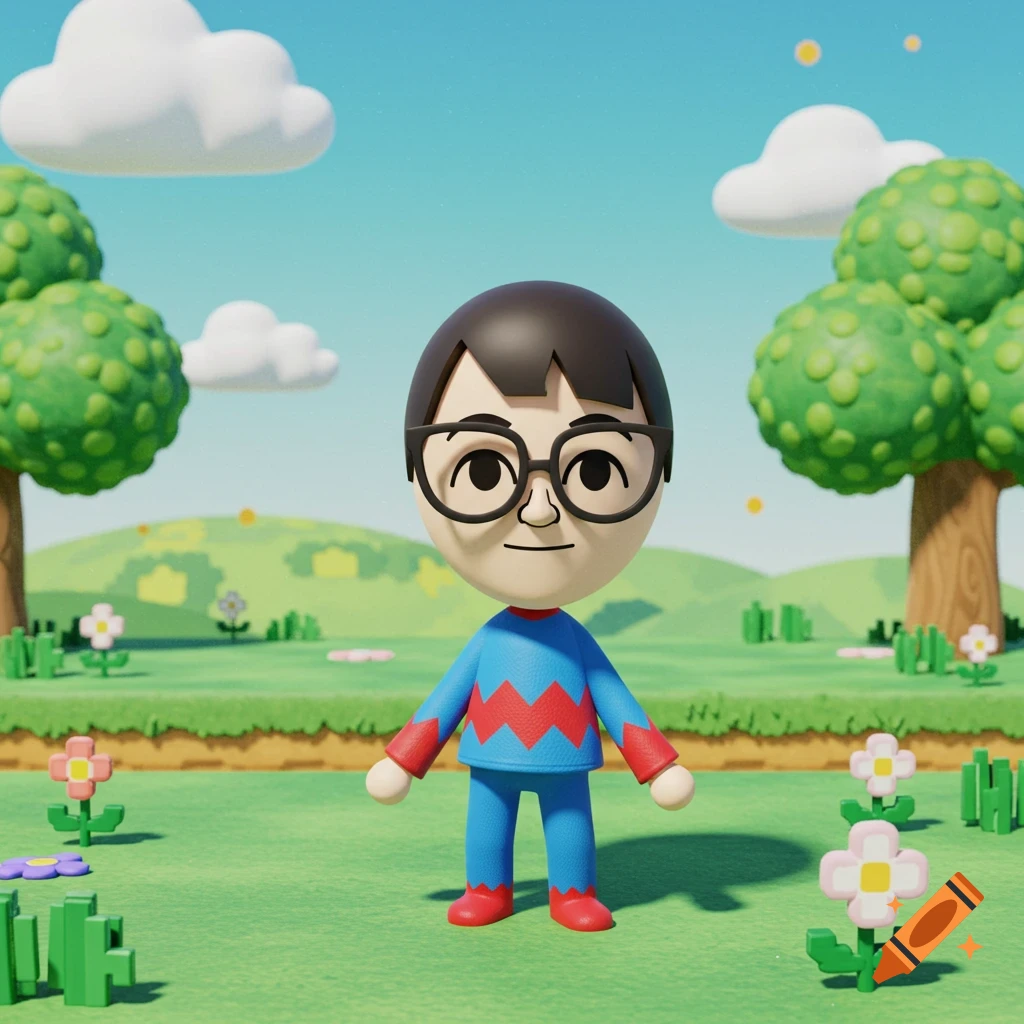 A Mii character in a blue and red sweater stands in a vibrant, stylized green landscape with trees and flowers.