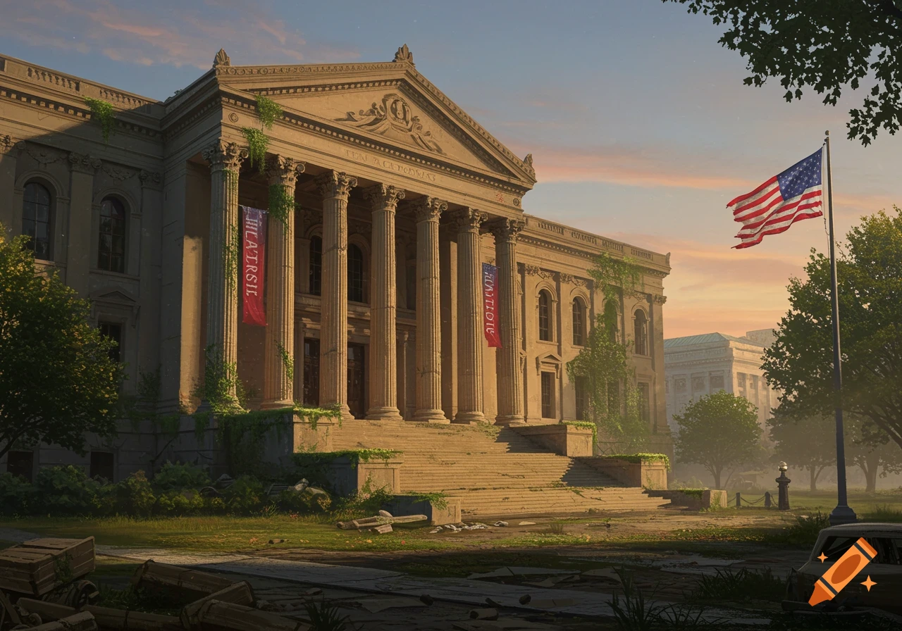 A large, columned building in a semi-ruined state with vines growing on it, an American flag waving, and trees under a twilight sky.