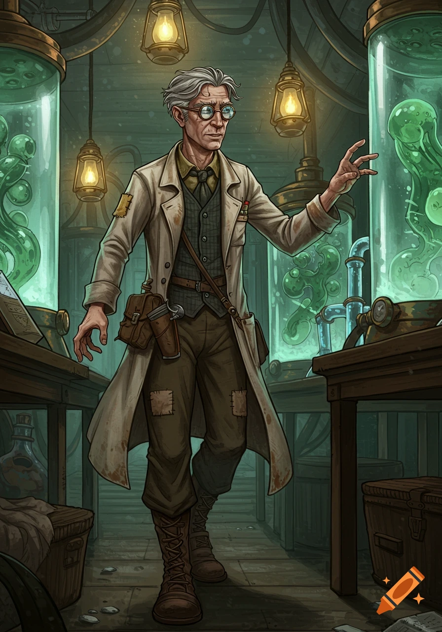 An old, grey-haired scientist in a steampunk laboratory, with strange green organisms in glass tanks. He wears a patched lab coat and spectacles, looking intently.