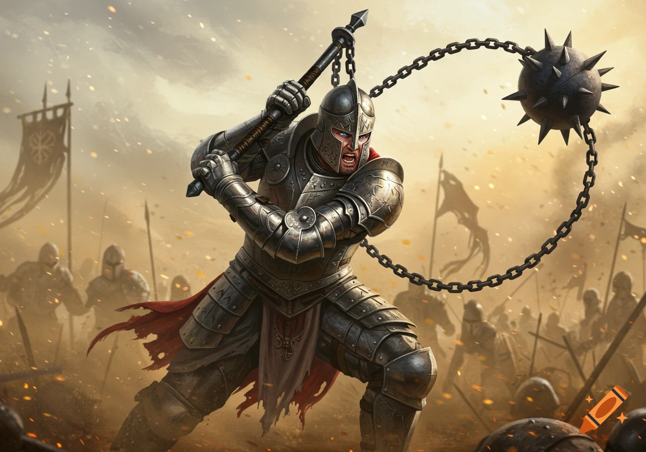 A male knight in full armor, visor up, swings a spiked ball and chain weapon on a chaotic battlefield.