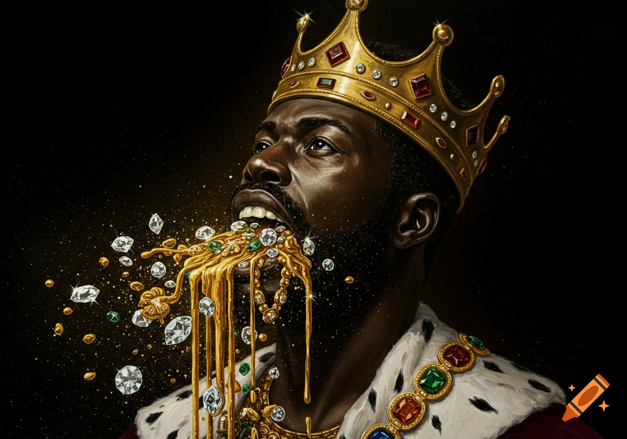 An oil painting of a Black king wearing a golden crown, with gold and sparkling diamonds pouring from his open mouth.