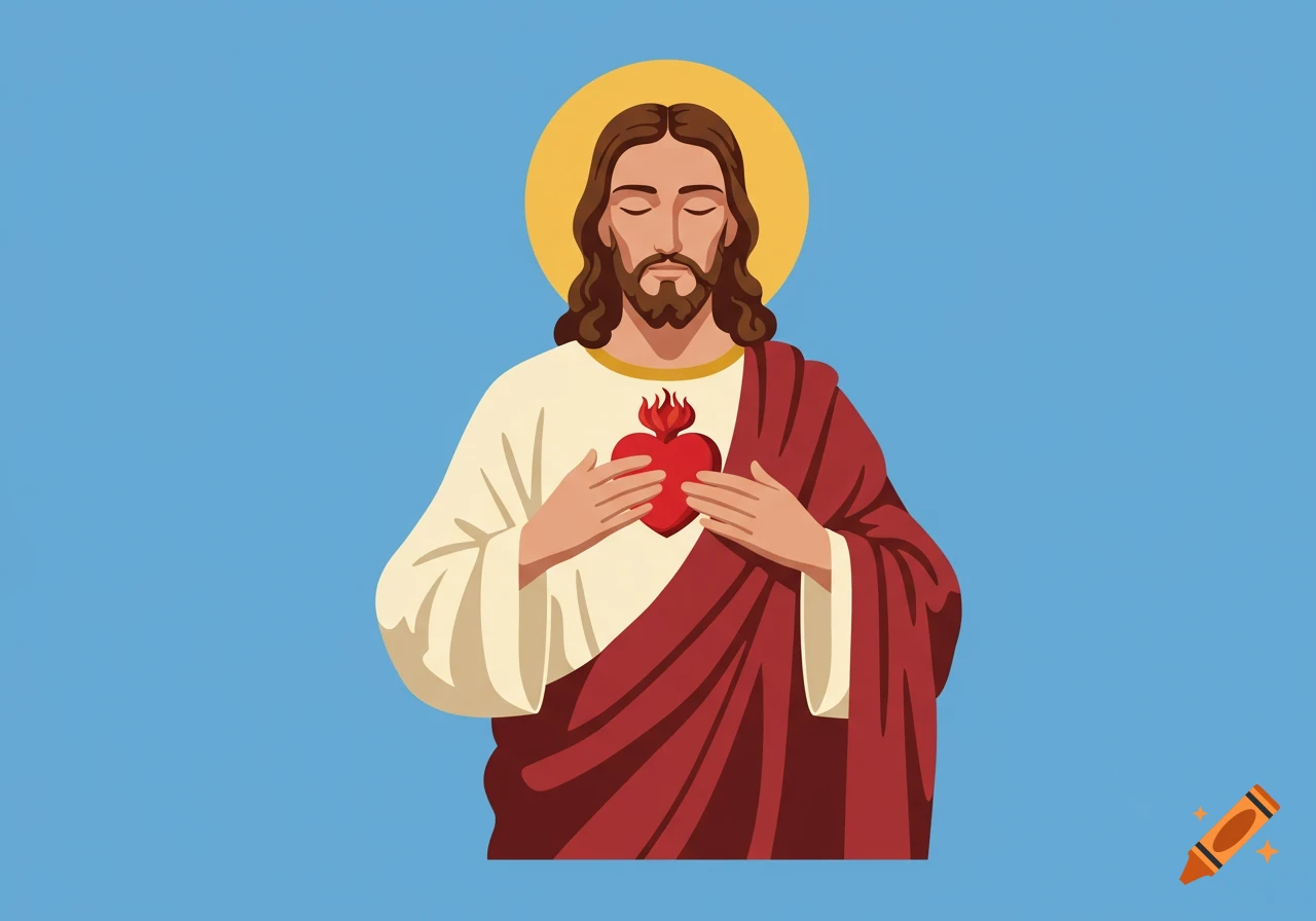 Illustration of Jesus with a halo, holding a sacred heart to his chest.