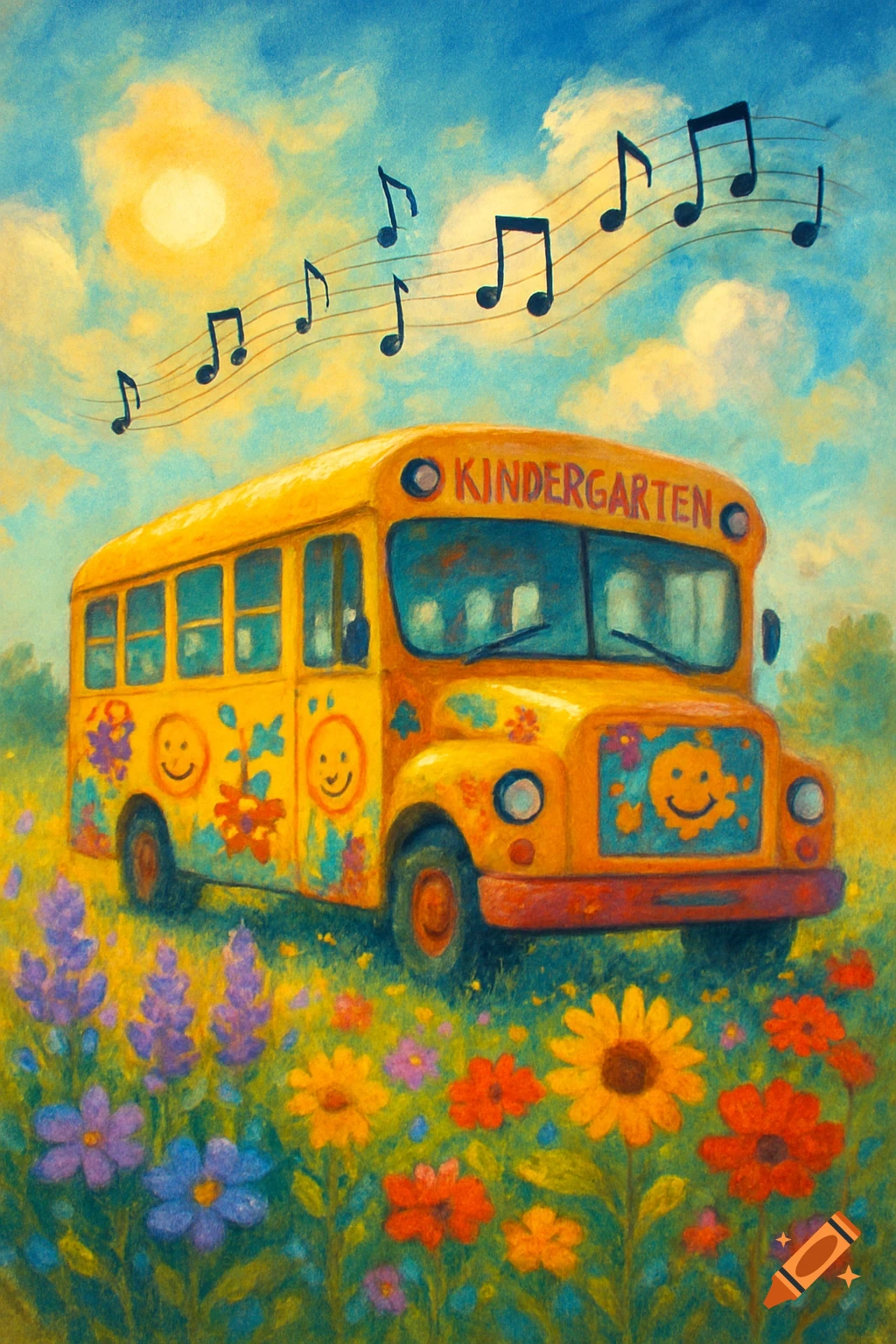 A vibrant, painterly scene of a yellow kindergarten bus in a field of colorful wildflowers under a sunny sky with musical notes.