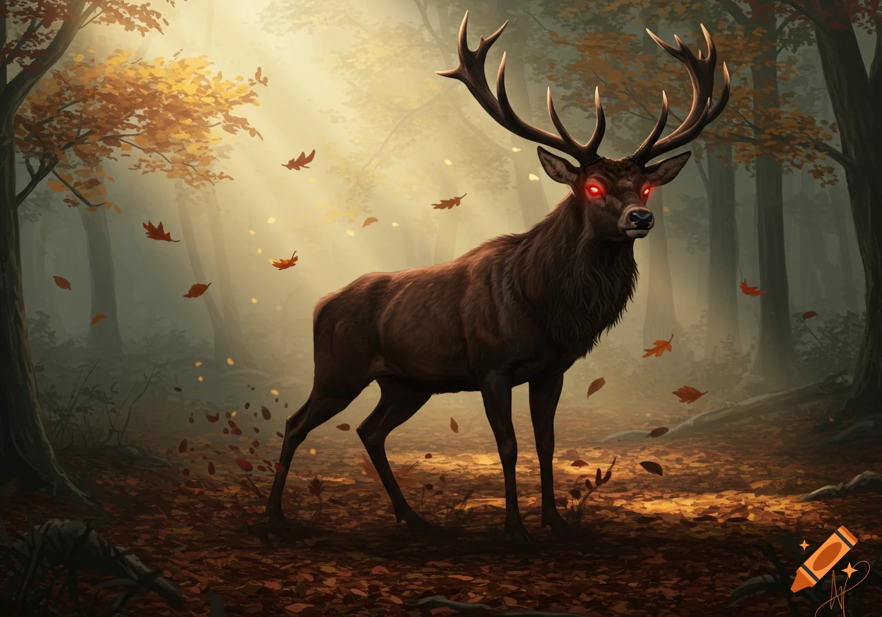 A brown stag with large antlers and glowing red eyes stands in a mystical autumn forest with falling leaves.