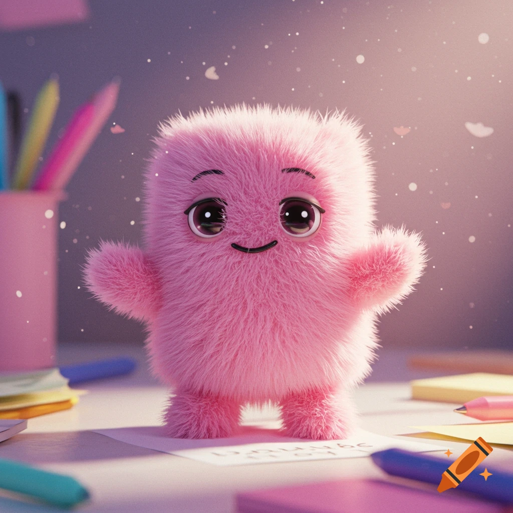 A cute, smiling pink fluffy monster with large eyes stands on a paper on a desk, surrounded by pencils and stationery, in a 3D rendering style.
