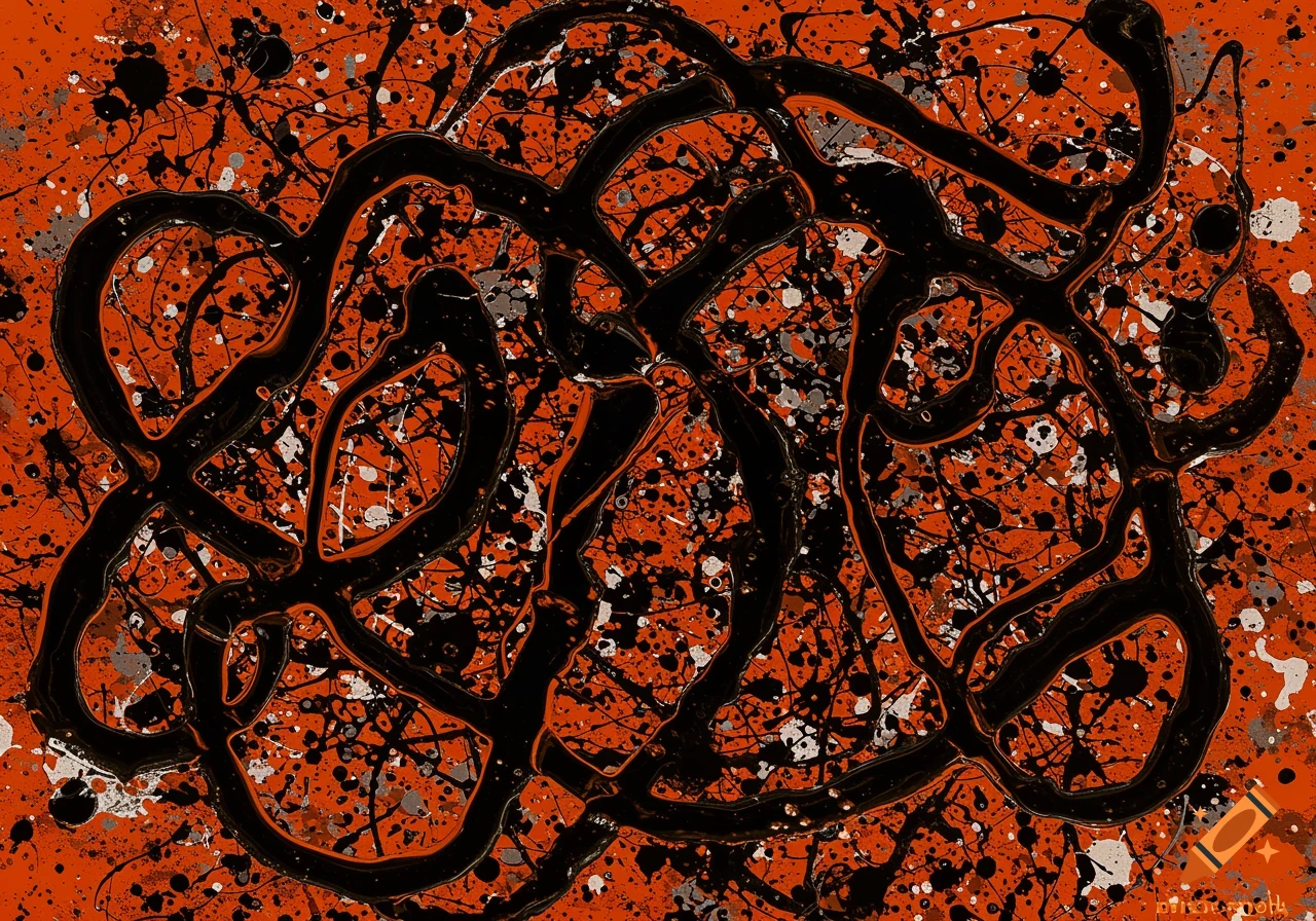 An abstract painting in Jackson Pollock style, with black, grey, and white paint splatters and thick black lines on an orange background.
