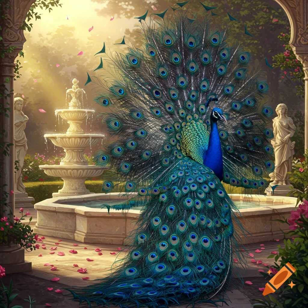 A vibrant blue and green peacock with its tail fanned out, standing in a lush garden with a classical stone fountain and statues.