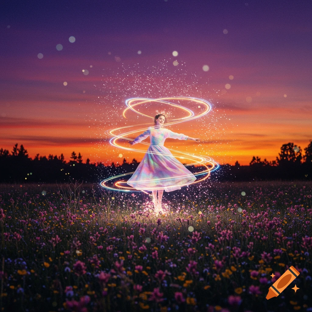 A person in a colorful dress dances in a field of wildflowers at sunset, surrounded by swirling magical light.
