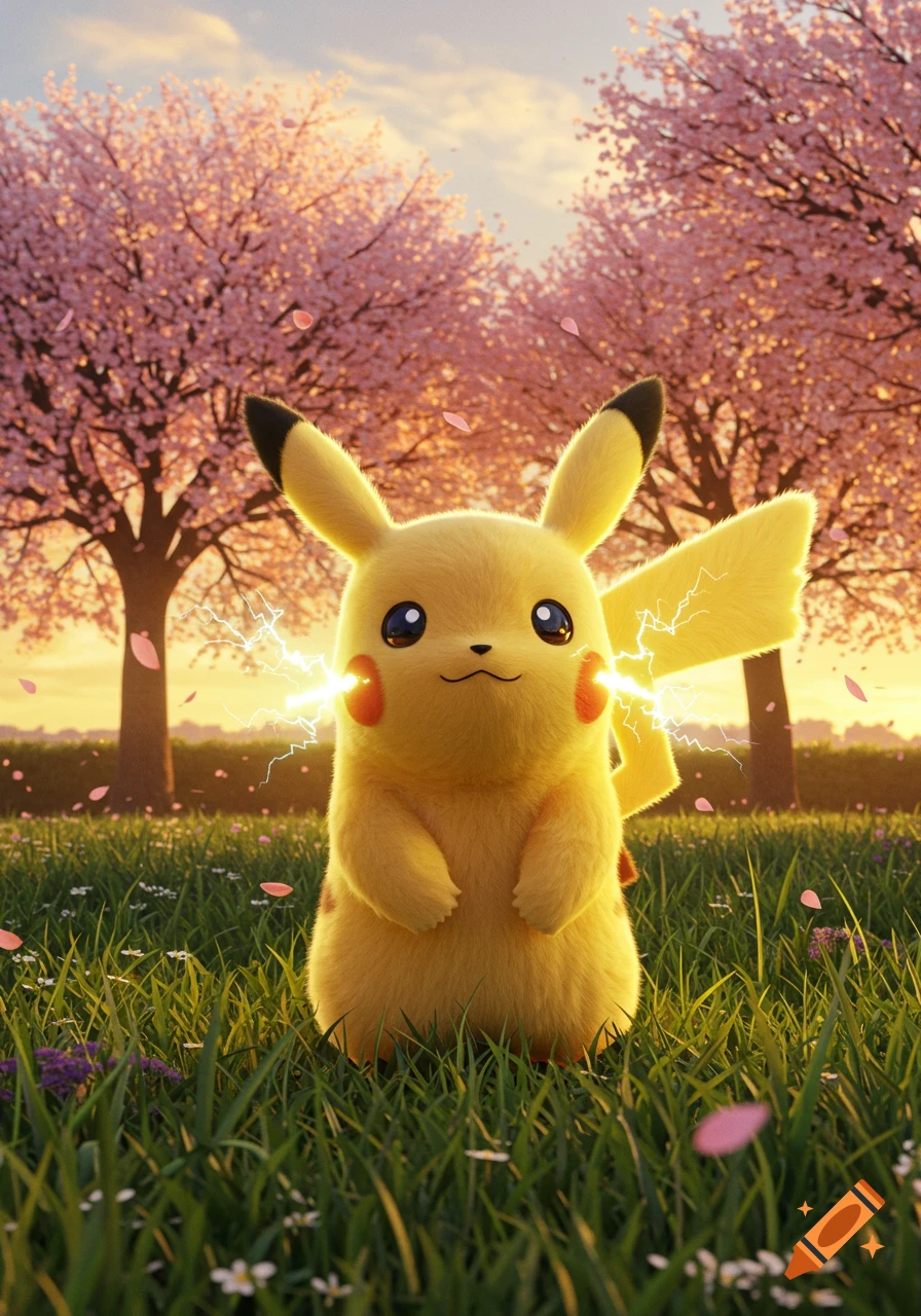 Photorealistic Pikachu stands in a grassy field with pink cherry blossom trees, sparks glowing from its cheeks.