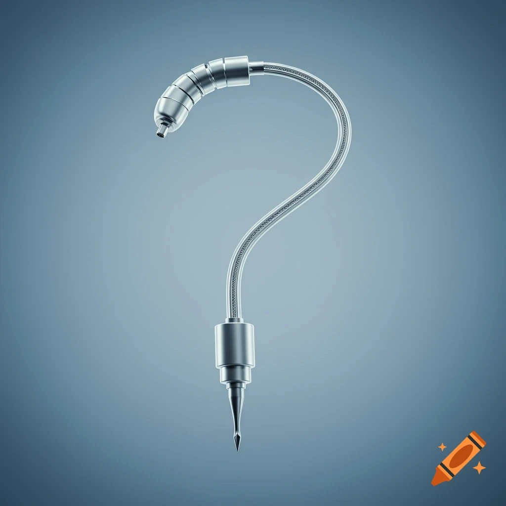 A metallic, mechanical question mark resembling a cardiac pacemaker lead against a blue-gray background.