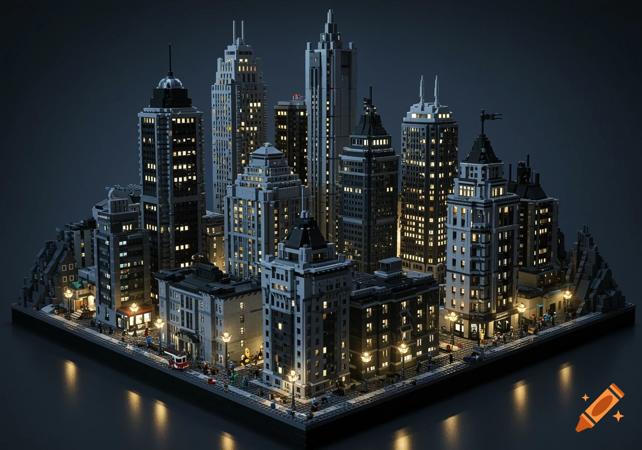 A detailed model of a cityscape made from Lego bricks at night, with many windows lit up, resembling a Gotham City skyline.
