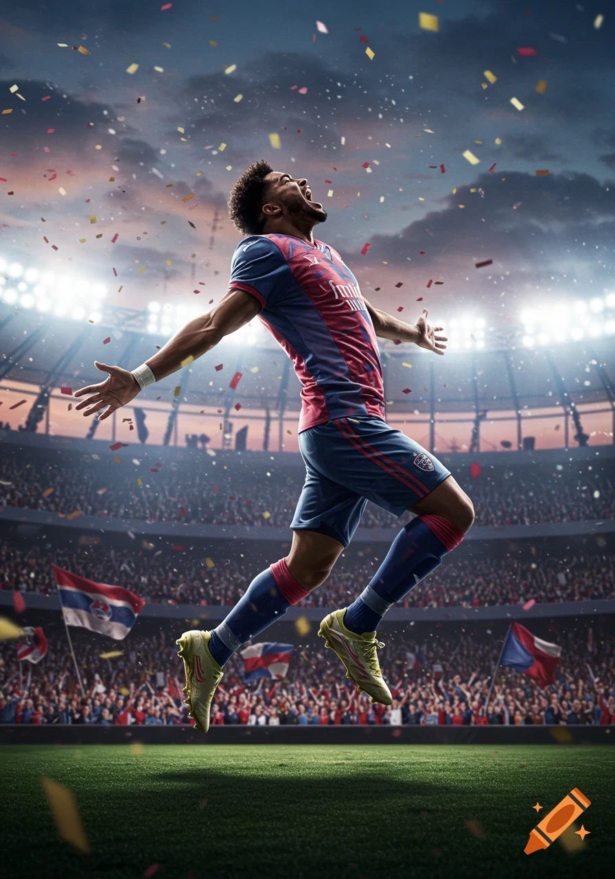A jubilant football player in a blue and red jersey jumps with arms outstretched in a brightly lit stadium, with confetti raining down and a cheering crowd in the background.