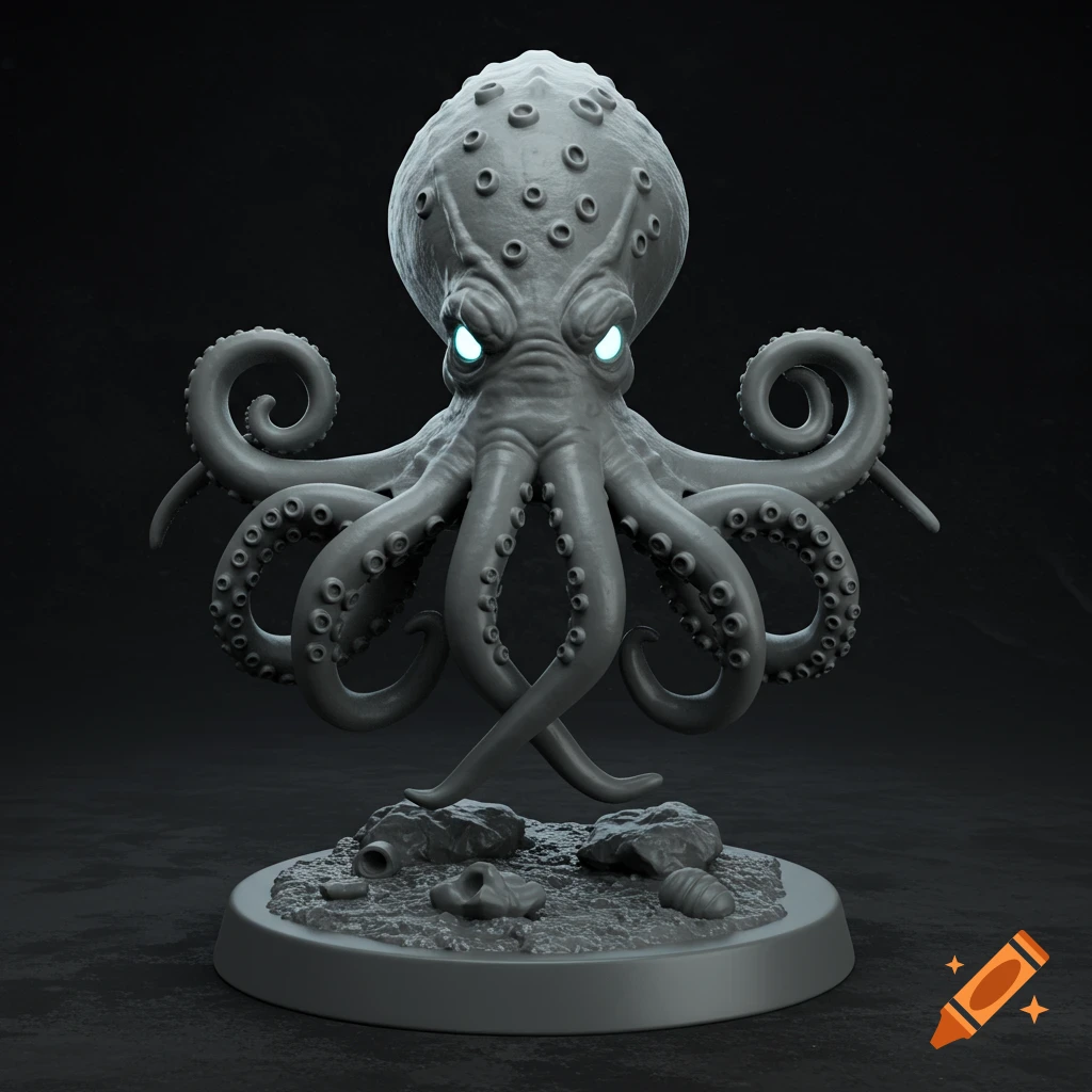 A gray 3D model of a kraken miniature with glowing blue eyes on a dark base.