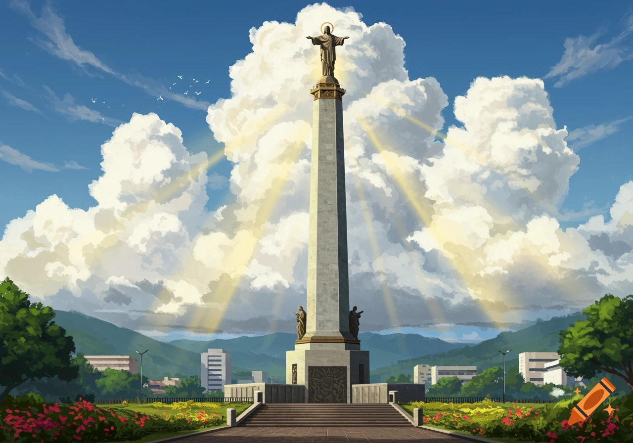 Illustrated view of a tall monument topped with a statue of Jesus Christ, bathed in sun rays from a cloudy sky, with green gardens and buildings.