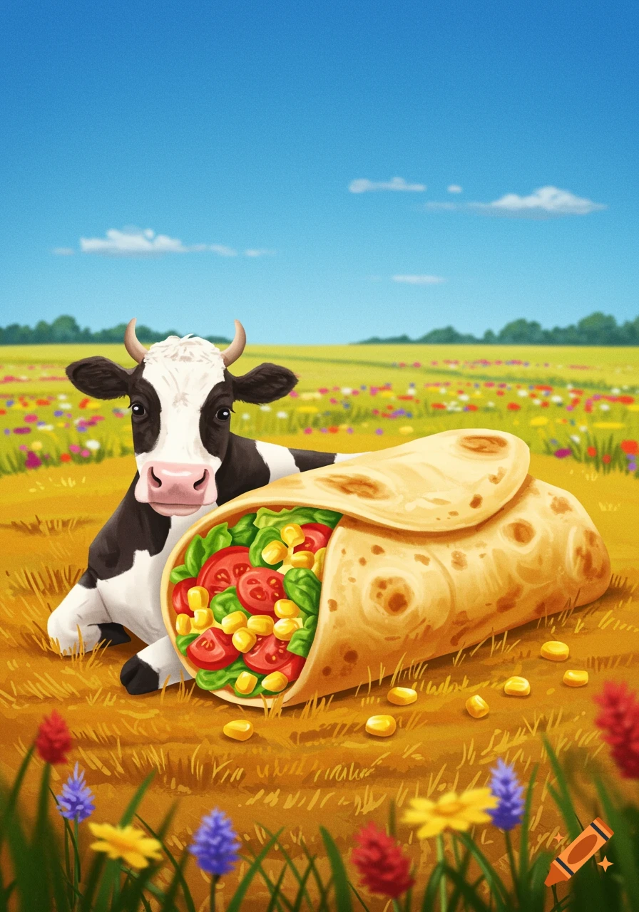 Cartoon cow lying next to a giant burrito filled with lettuce, tomatoes, and corn in a vibrant field.