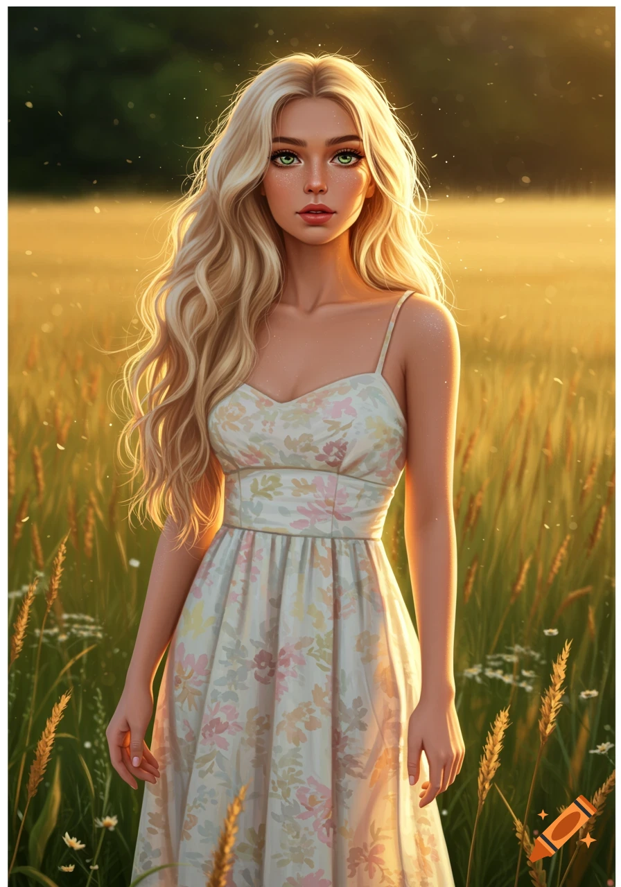 Digital art of a blonde woman with long wavy hair and green eyes in a floral sundress, standing in a golden wheat field at sunset.