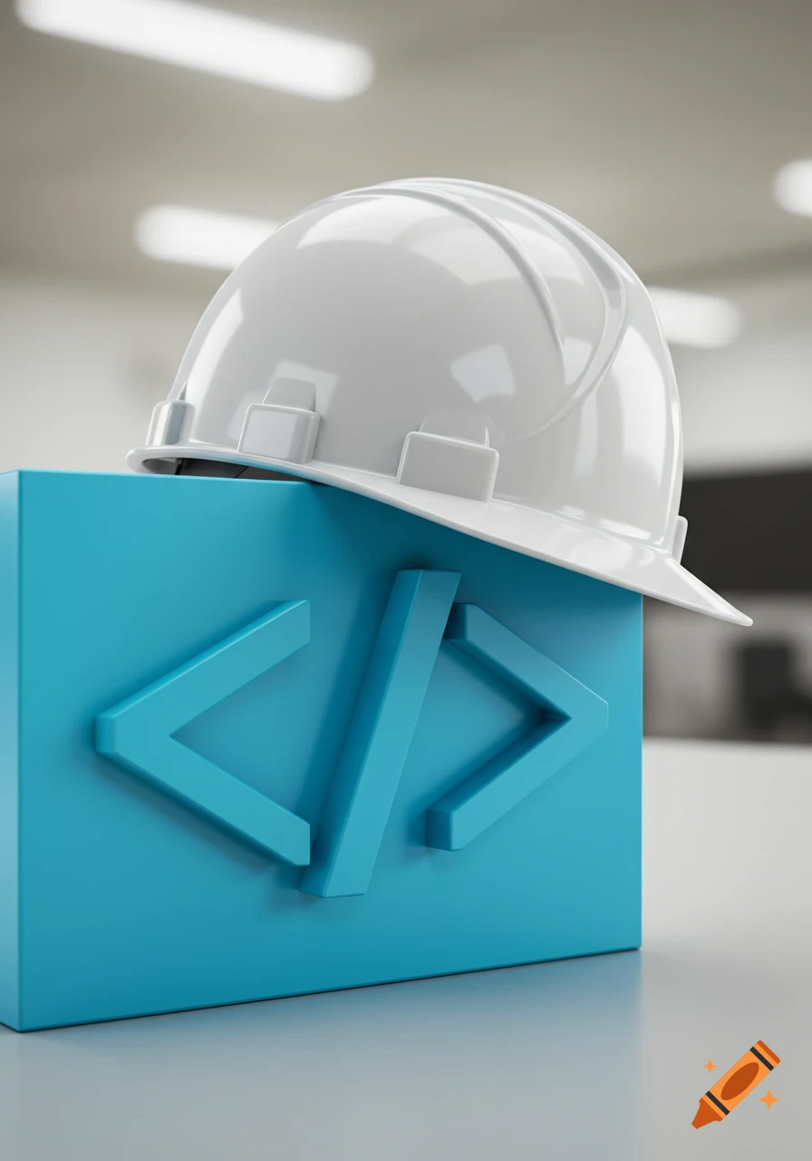 Photorealistic white hardhat resting on a cyan block with a prominent </> symbol.
