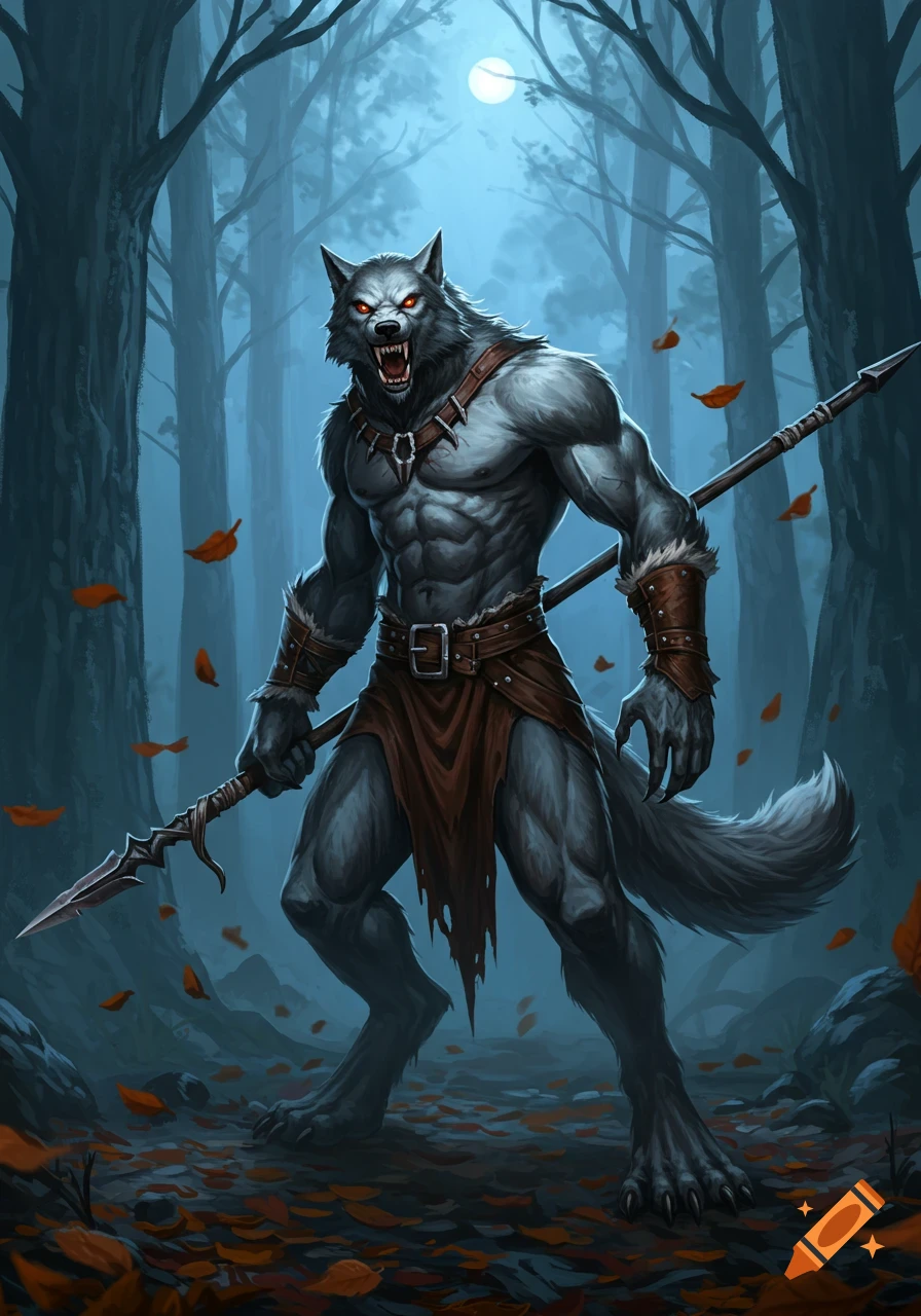 A muscular grey werewolf with red eyes, fangs, and a spear stands roaring in a moonlit forest. Detailed fantasy art.