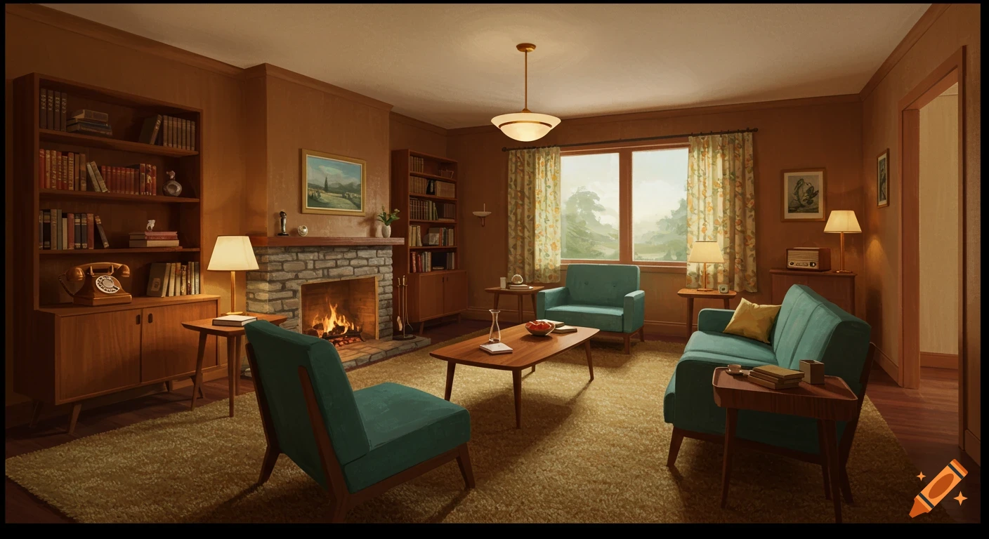 A cozy 1950s home den with a lit fireplace, teal armchairs and sofa, and warm wooden furniture.