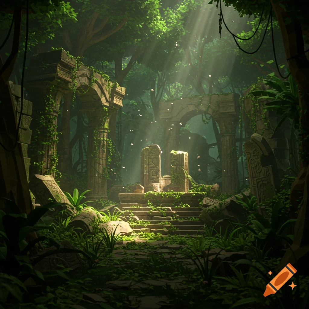 Ancient ruins covered in lush green foliage, bathed in sunbeams in a dense jungle, in a stylized game art style.