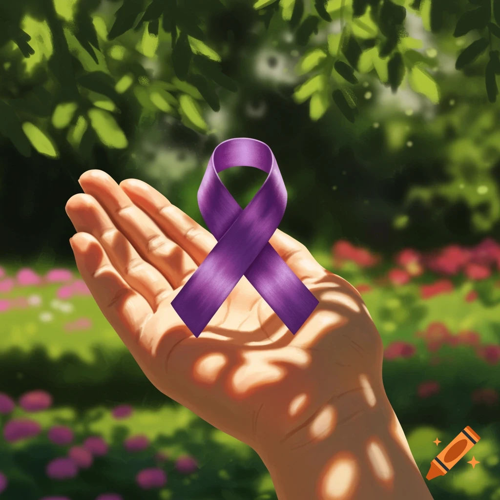 A hand gently holds a vibrant purple ribbon, bathed in dappled sunlight, against a soft focus background of green leaves and pink flowers.