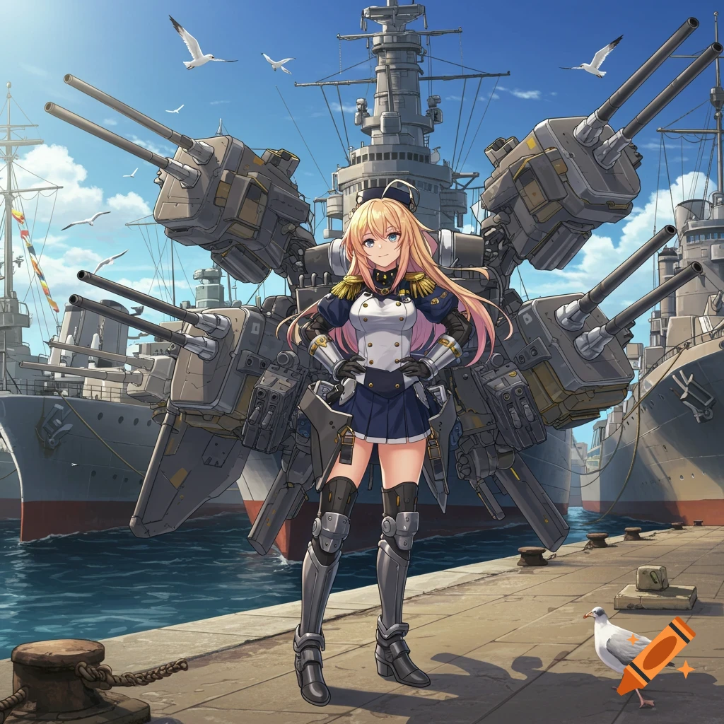 Anime girl in naval uniform with battleship rigging on a dock, large ships in background, clear sky.