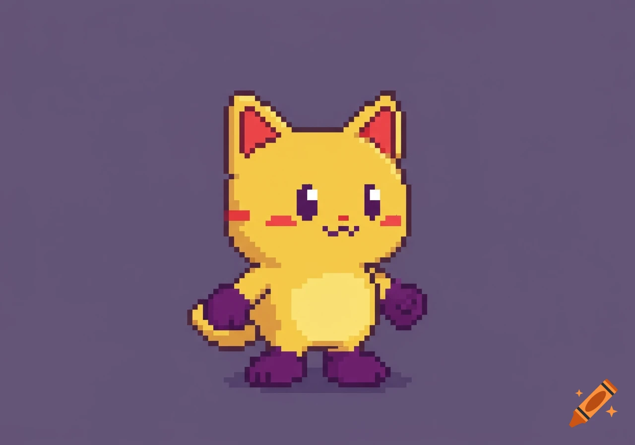 A cute yellow pixel art cat character with purple paws and feet, smiling.