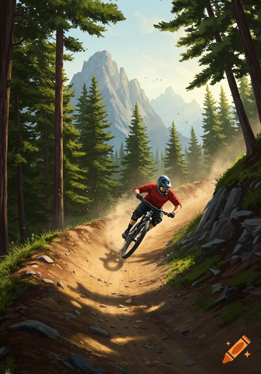 A person in a red shirt mountain biking down a dirt trail in a forest, with mountains in the background under a sunny sky.