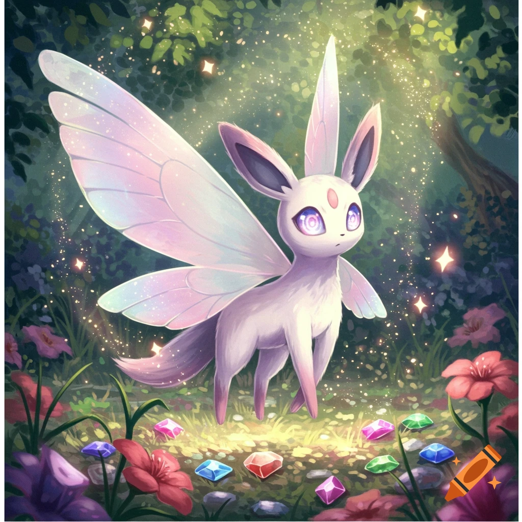 A cute light purple fairy-like Pokémon with large iridescent wings stands in a magical forest with glowing particles and colorful gems.