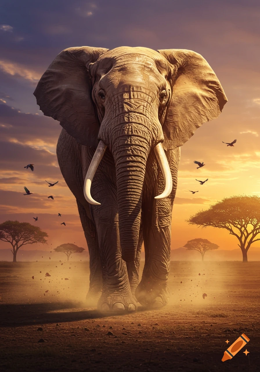 A large elephant walks directly towards the viewer across a dusty savanna at sunset, with birds flying and acacia trees in the background.