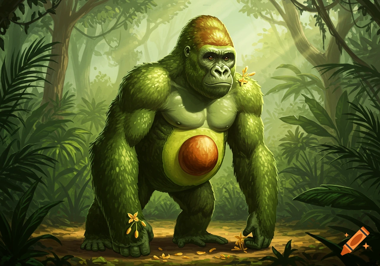 A green gorilla with an avocado belly stands in a lush jungle.