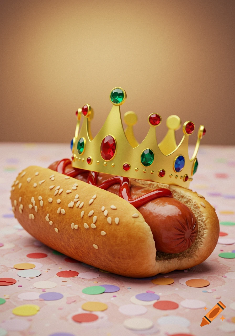 Photorealistic hot dog with ketchup in a sesame bun, wearing a golden crown adorned with colorful jewels, on a confetti-strewn surface.