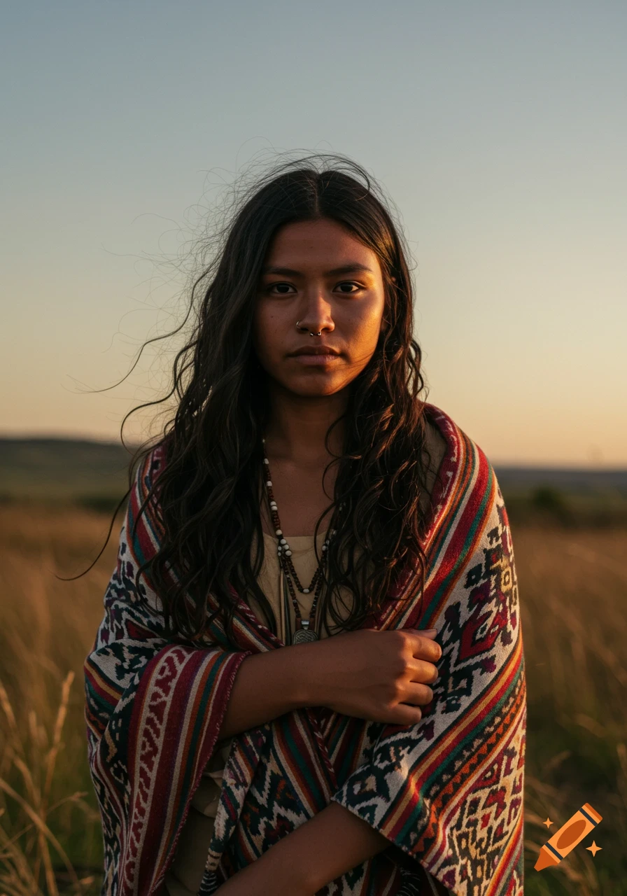 A young woman with long wavy hair and a nose piercing wears a colorful patterned blanket while standing in a golden field at sunset.