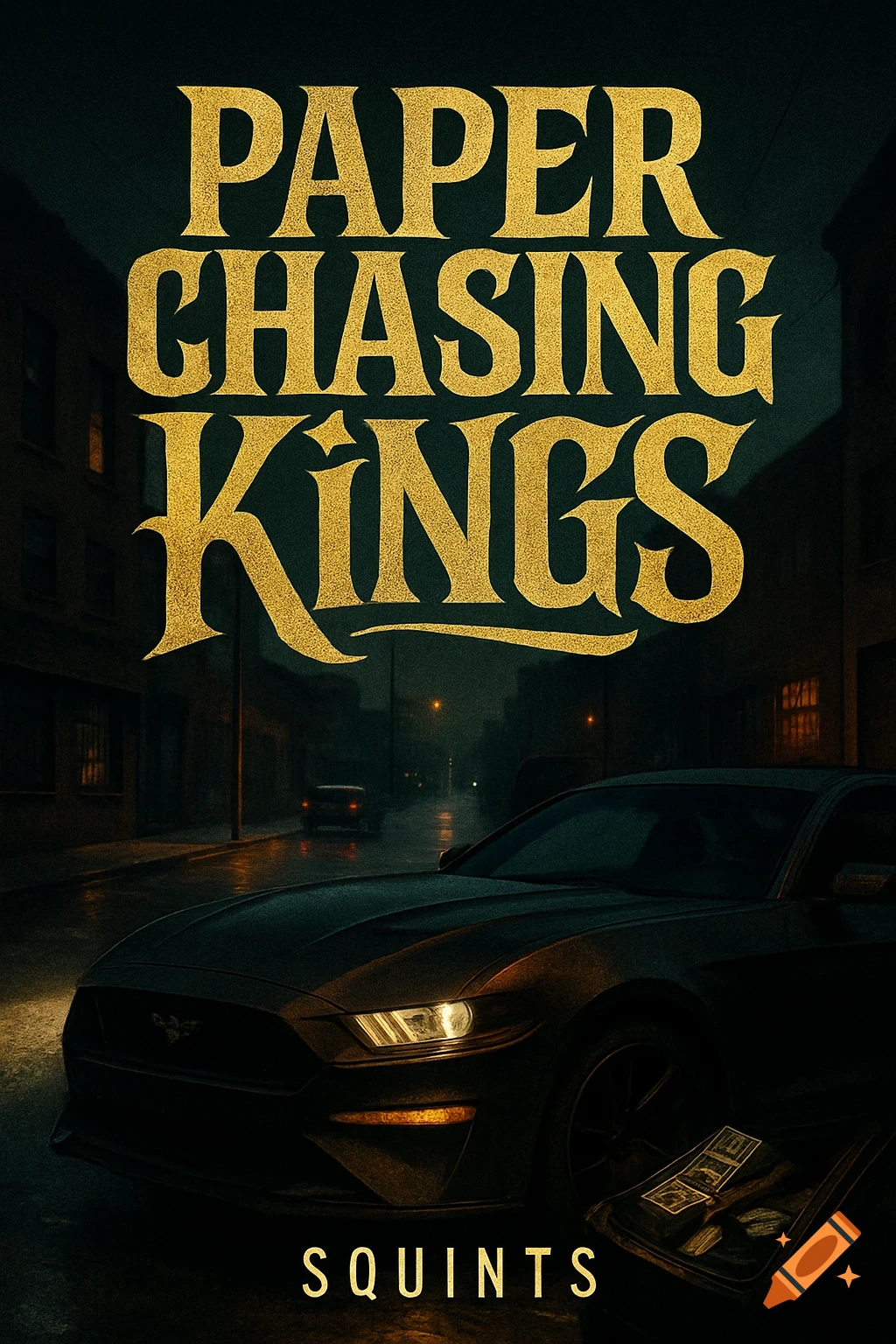 A dark, moody poster art featuring a sleek car on a wet urban street at night, with the title "PAPER CHASING KINGS" in gold textured font and "SQUINTS" at the bottom.