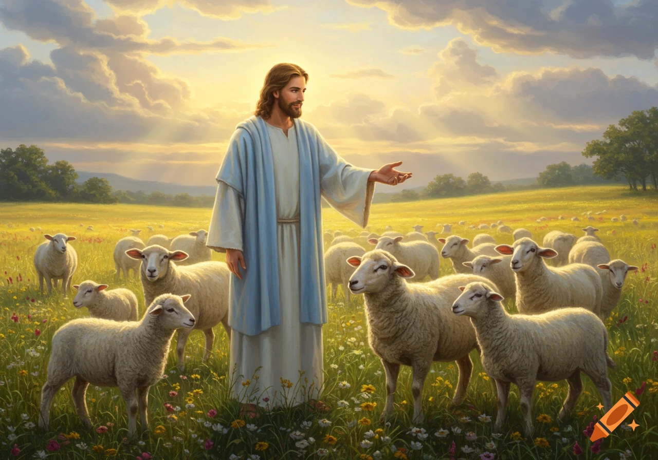 Jesus stands with a flock of sheep in a sunlit, green meadow filled with wildflowers, depicted in a detailed illustration.