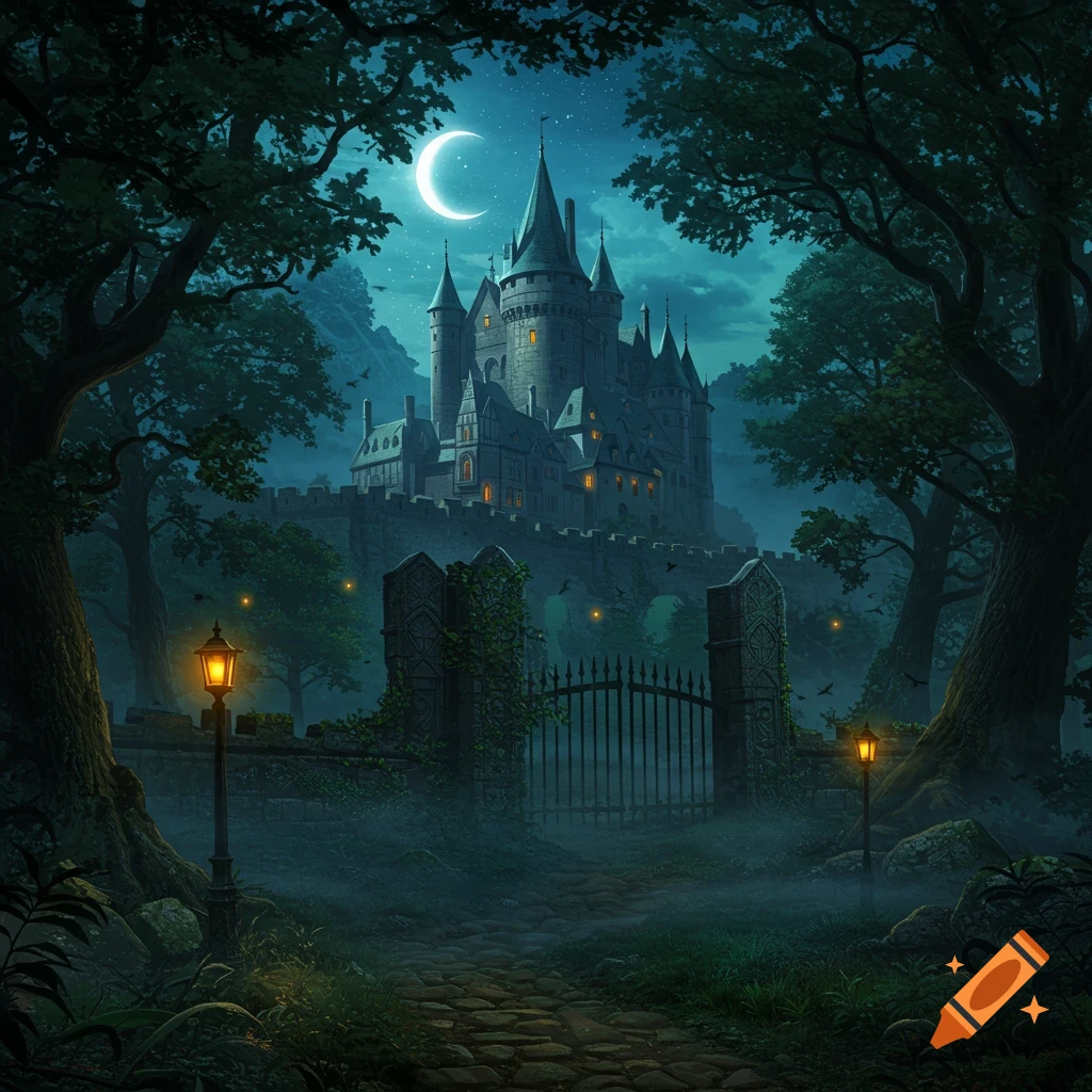 A majestic gothic castle stands nestled within a dark, enchanted forest under a crescent moonlit sky. A stone path leads to an ornate gate with glowing lanterns, shrouded in mist.