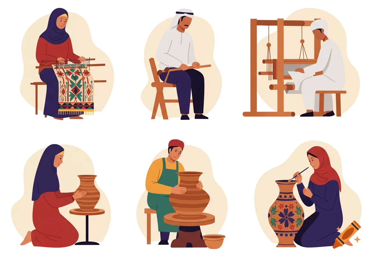 Flat vector illustrations of people making traditional handicrafts: weaving carpets, shaping clay pots on wheels, and painting ceramic vases.