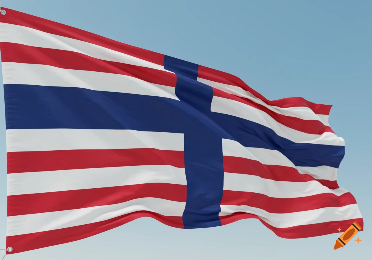 A flag with red and white horizontal stripes and a blue Nordic cross waves against a clear blue sky.