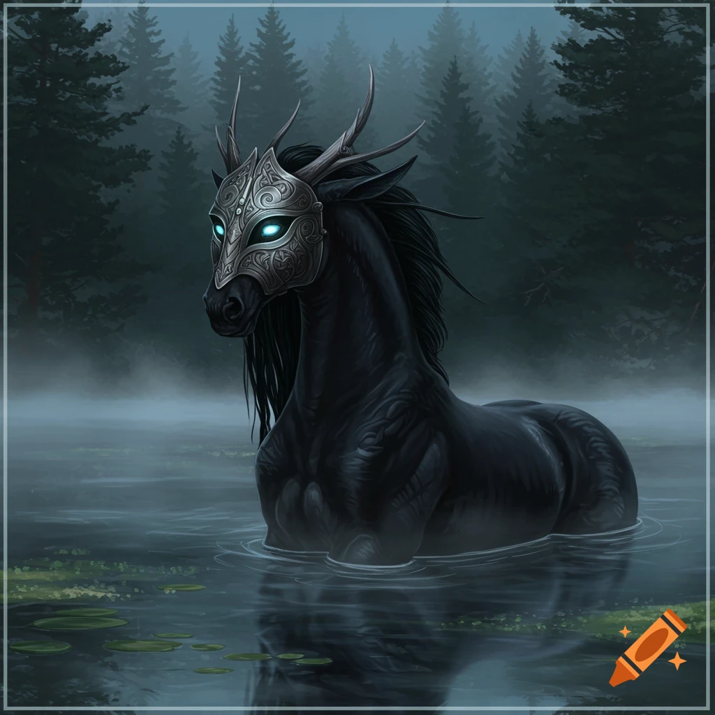 A dark kelpie wearing an ornate silver mask with glowing blue eyes stands in misty water with lily pads in a dark forest.