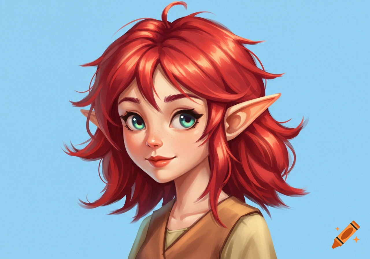 Anime portrait of a red-haired elf girl with pointed ears and green eyes against a blue background.