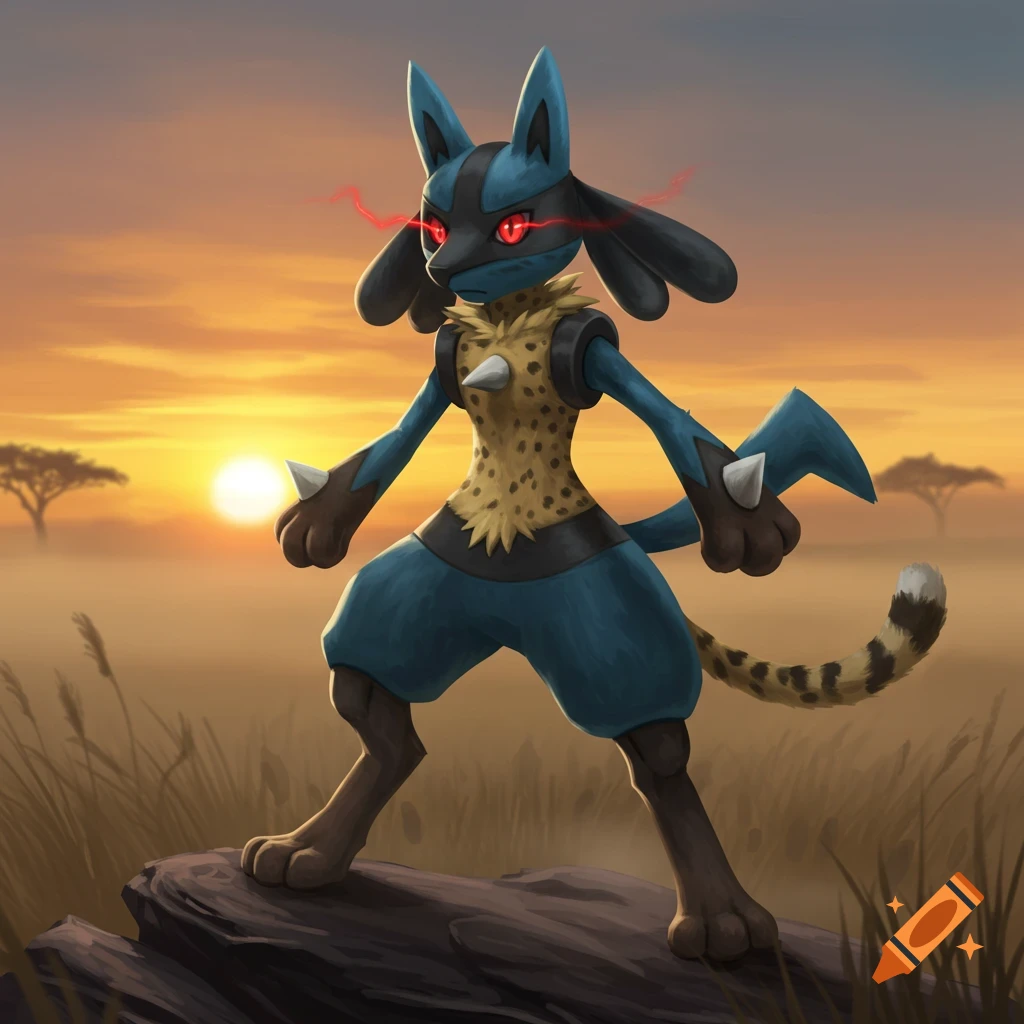 Lucario fused with a cheetah, standing on a rock in a savanna at sunset, with glowing red eyes.