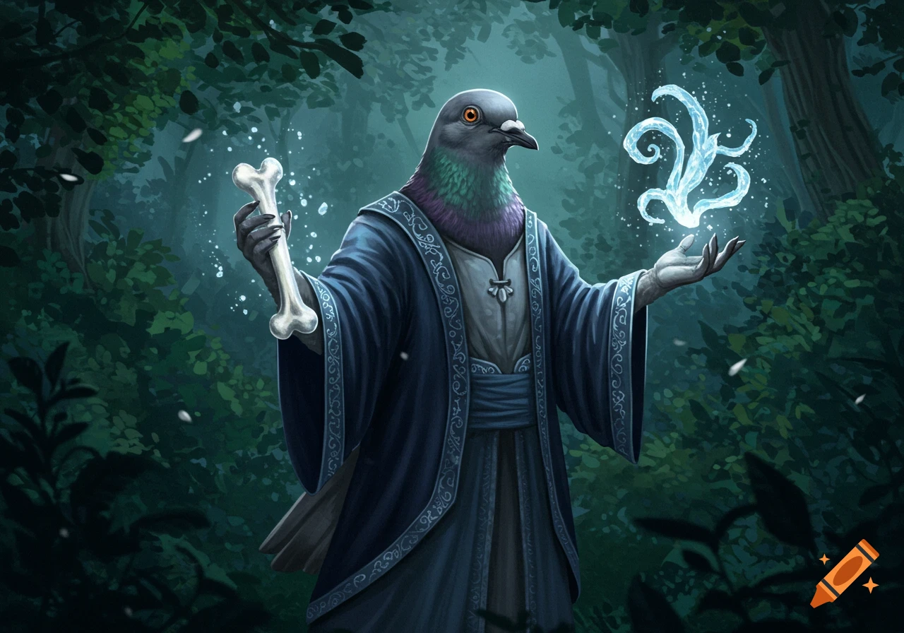 A pigeon wizard in blue robes holding a bone and conjuring blue magic in a dark forest.