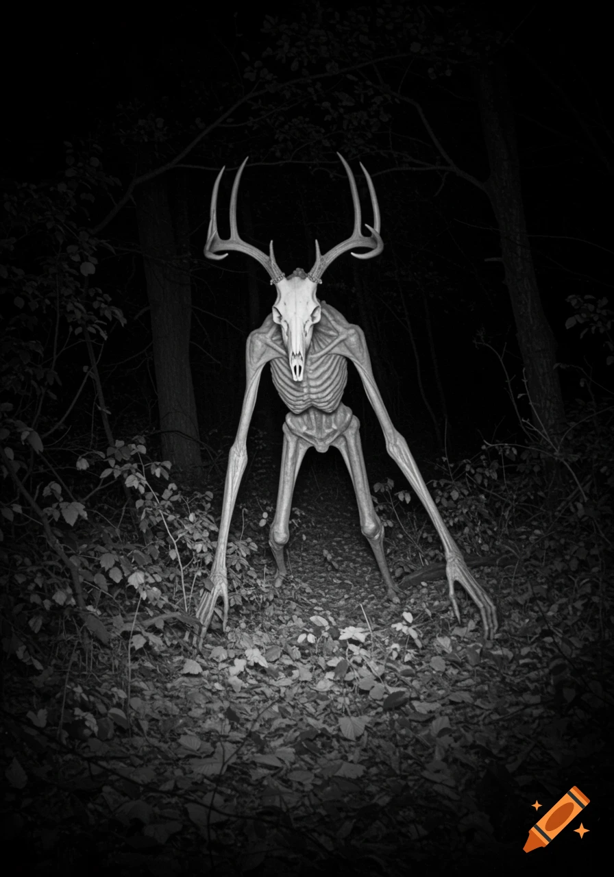 A tall, skeletal wendigo with deer antlers stands in a dark, moonlit forest, captured in a photorealistic trail camera image.